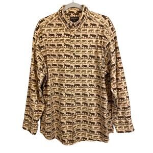Woolrich Men Sz L Bison Moose Shirt Brown Tan Button Down Long Sleeve Pocket